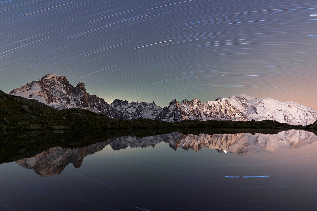 Star trail over Mont Blanc range seen from Lac de Cheserys,Chamonix,French Alps,Haute Savoie,France,Europe