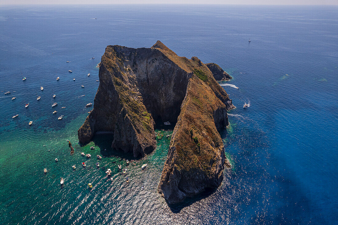 Palmarola sea stack called Faraglione di Mezzogiorno,aerial view,Palmarola island,Ponza municipality,Tyrrhenian Sea,Pontine islands,Latina Province,Latium (Lazio),Italy,Europe