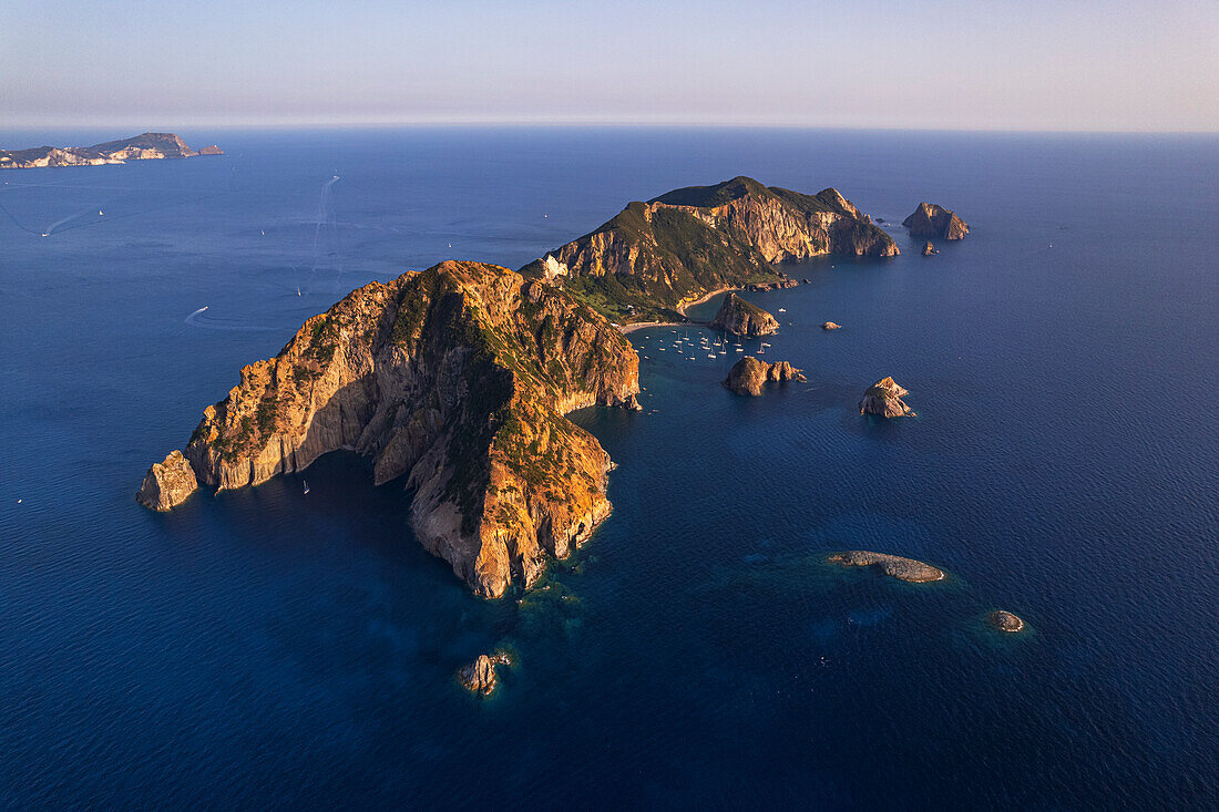 Aerial view of the tiny island of Palmarola at sunset,Ponza municipality,Pontine islands,Tyrrhenian Sea,Latina Province,Latium (Lazio),Italy,Europe