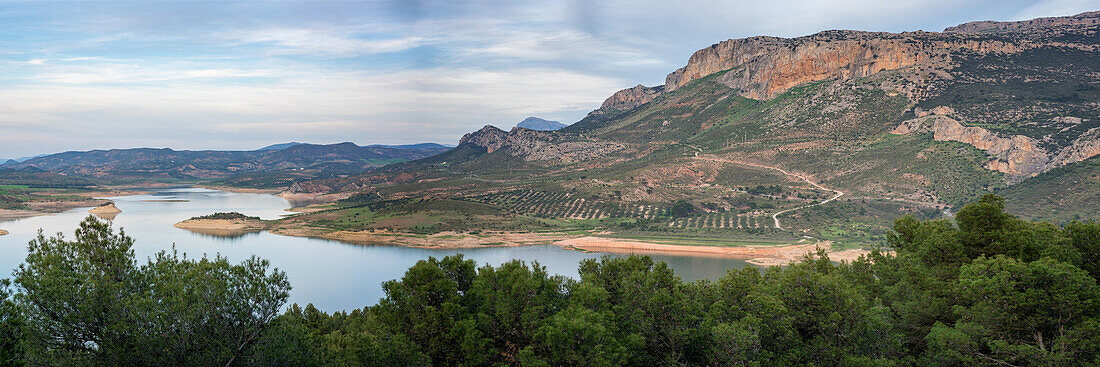 Panorama Landscape of Gobrantes and Guadalhorce water reservoir dam at sunset,Andalusia,Spain,Europe