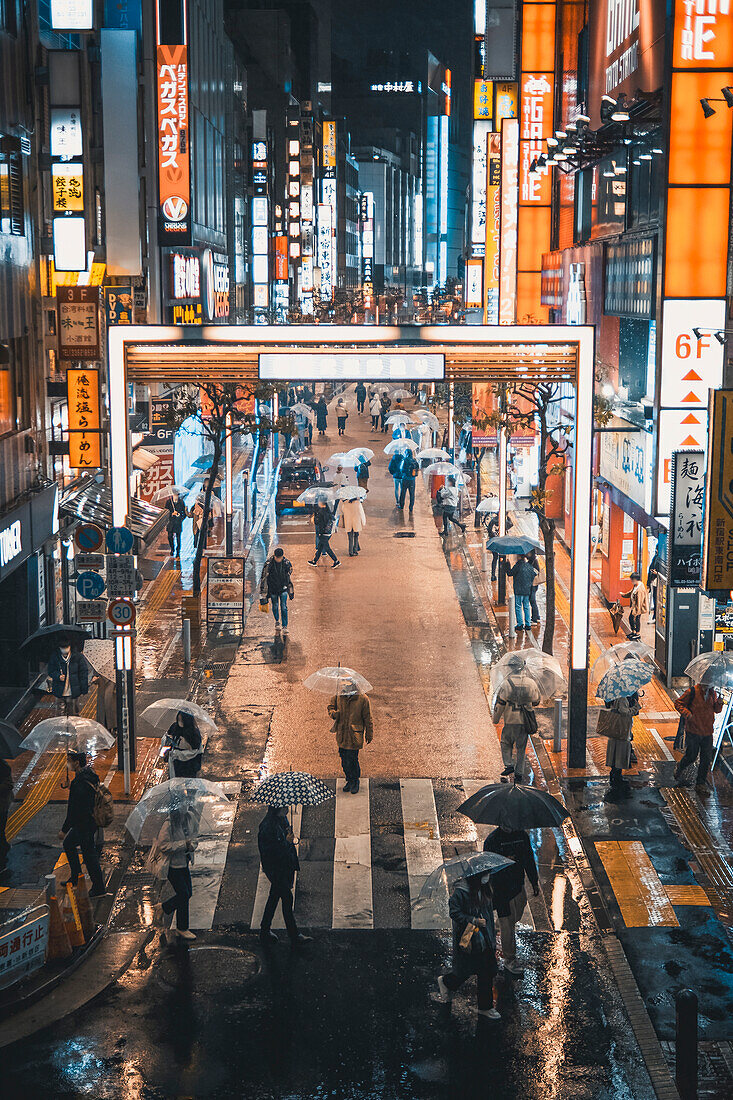 Shinjuku Straße bei Nacht beleuchtet mit Leuchtreklamen, Tokio, Japan, Asien