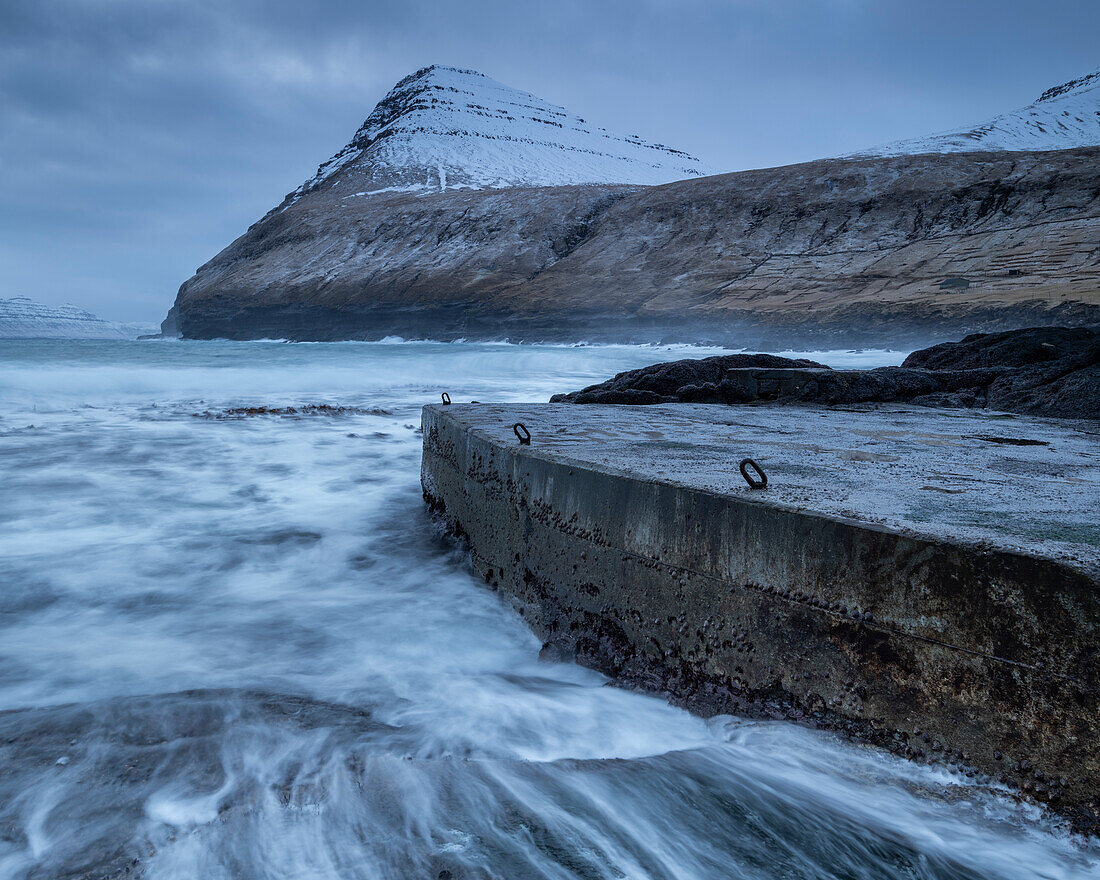 Slipway and mountain at dawn,Gjogv,Eysturoy Island,Faroe Islands,Denmark,Europe