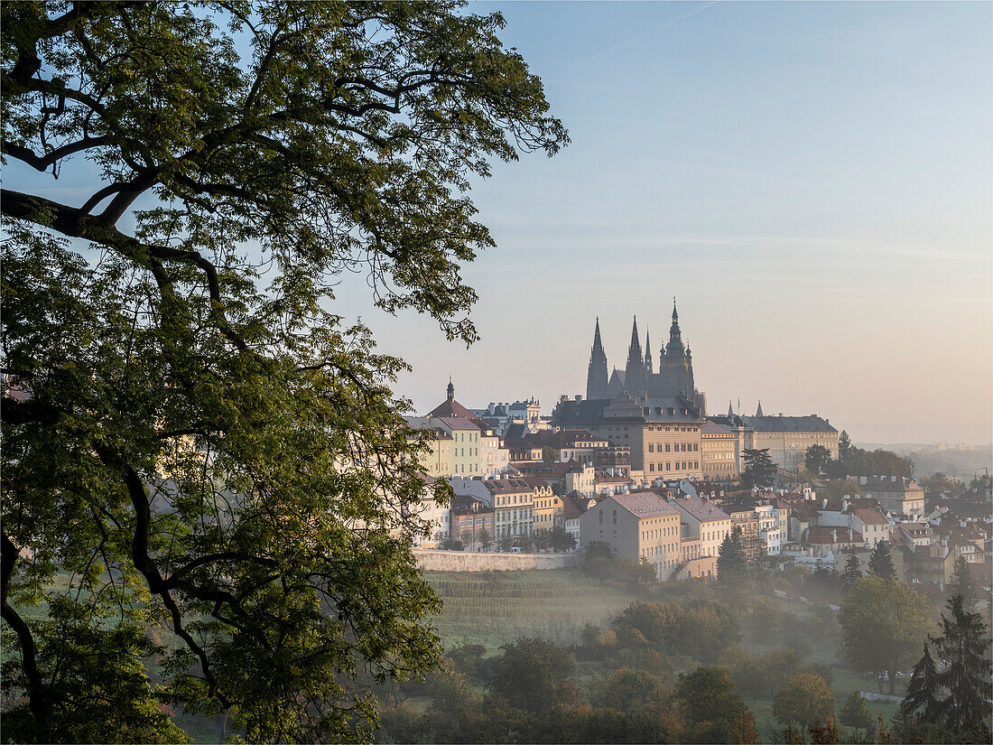 Prager Burg und Veitsdom im morgendlichen Sonnenlicht, UNESCO-Weltkulturerbe, Prag, Tschechien (Tschechische Republik), Europa