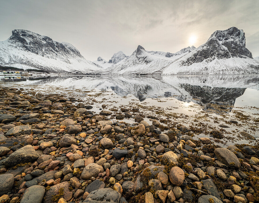 Pebbles and mountain reflections in fjord,Senja,Troms og Finnmark,Norway,Scandinavia,Europe