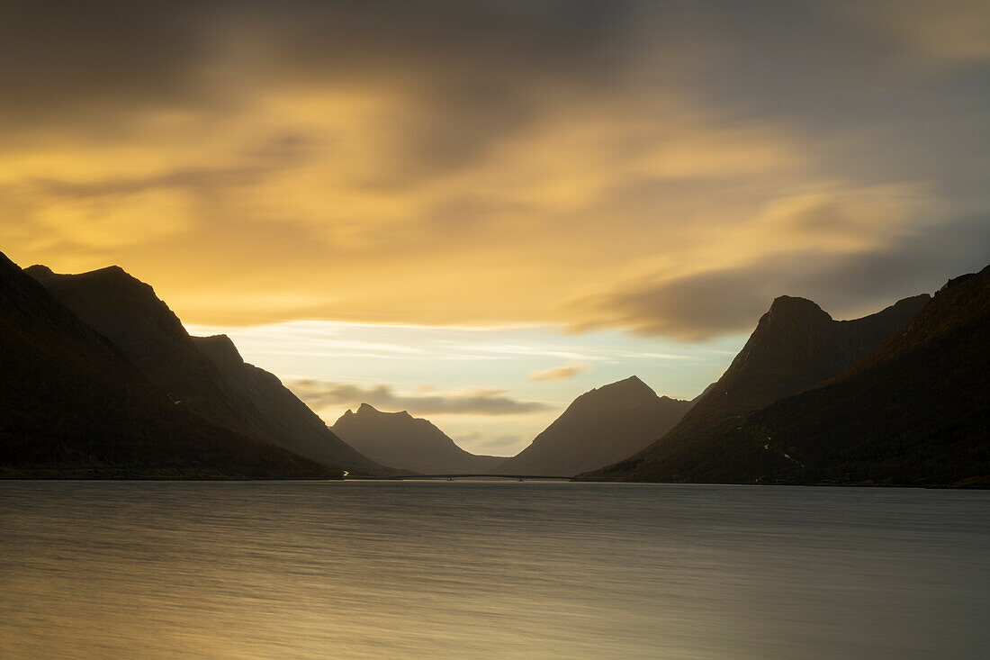 Sunset across Gryllefjordbotn,Senja,Troms og Finnmark,Norway,Scandinavia,Europe