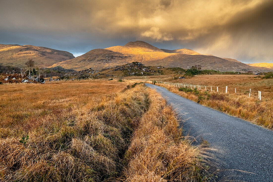 Road through Gallavally at sunset,The Black Valley,Killarney,County Kerry,Munster,Republic of Ireland (Eire),Europe