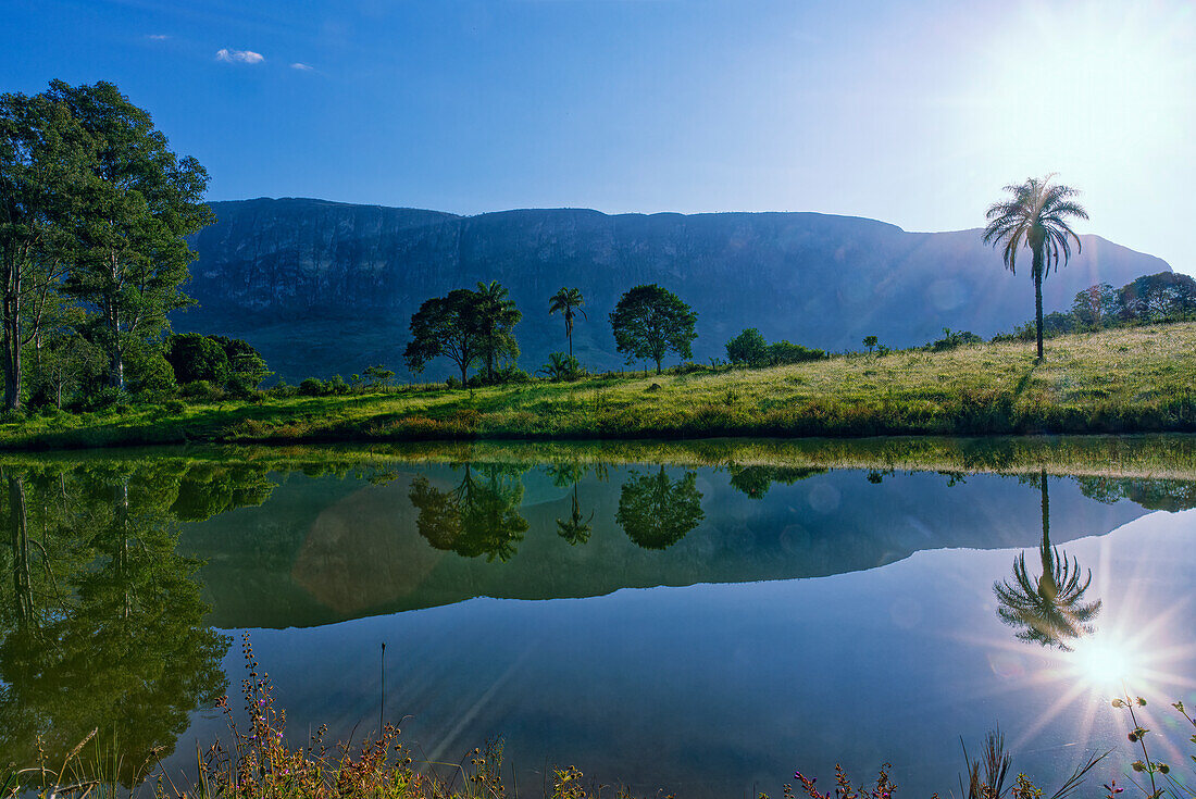 Bäume spiegeln sich in einem Teich, Serra da Canastra, Staat Minas Gerais, Brasilien, Südamerika