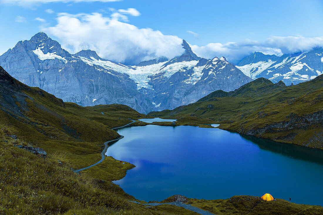 Dusk time over Bachalpsee and the snowy peaks of Wetterhorn and Shreckhorn,Bernese Oberland mountains,Grindelwald,Bern Canton,Switzerland,Europe