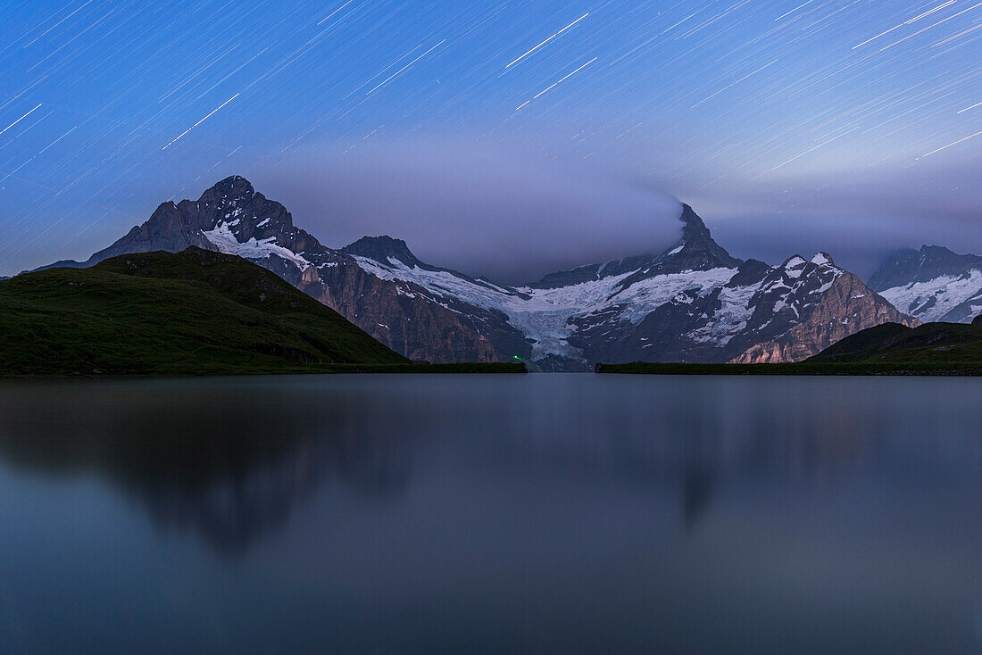 Star trail over Bachalpsee and the Bernese Oberland mountains,Grindelwald,Bern Canton,Switzerland,Europe