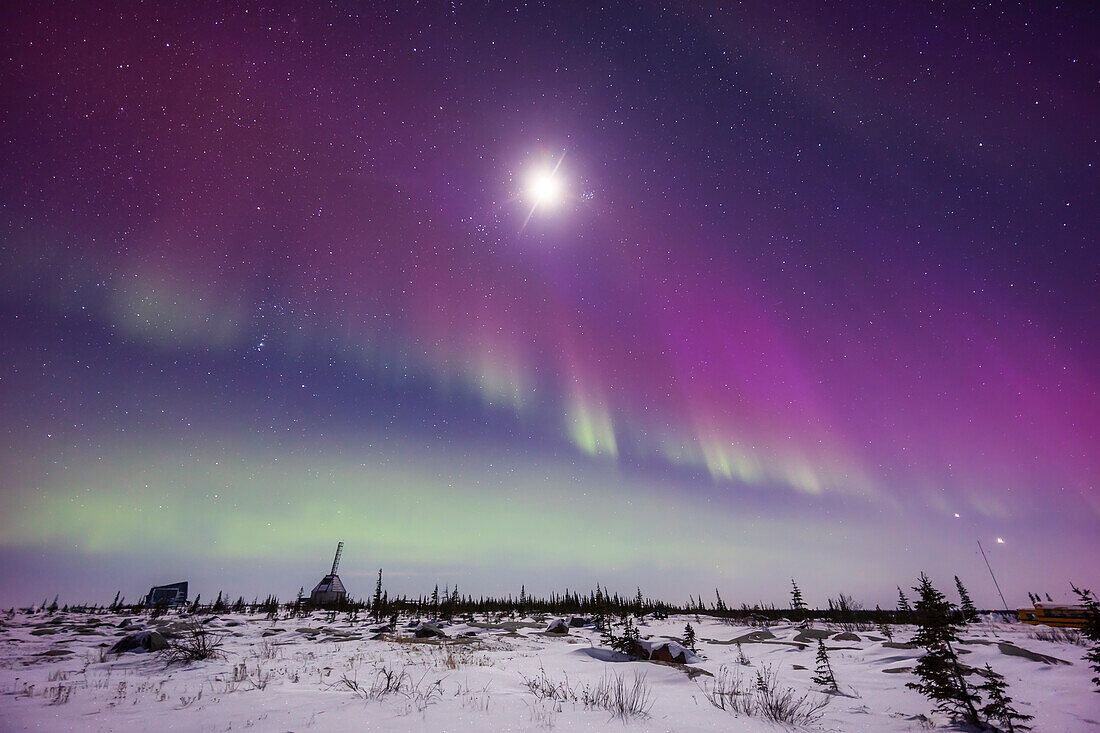 A green,red and magenta auroral curtain over the old Churchill Rocket Range,in the light of the waxing quarter Moon,February 26,2023. The Moon is in Taurus between the Pleiades and Hyades star clusters. At far right are Jupiter and Venus setting in the west. This is looking south and southwest.