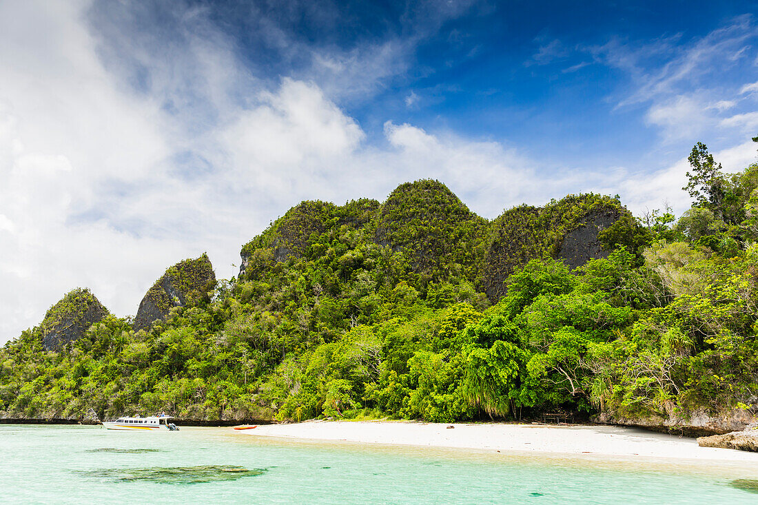 A view of islets covered in vegetation from inside the natural protected harbor in Wayag Bay,Raja Ampat,Indonesia,Southeast Asia,Asia