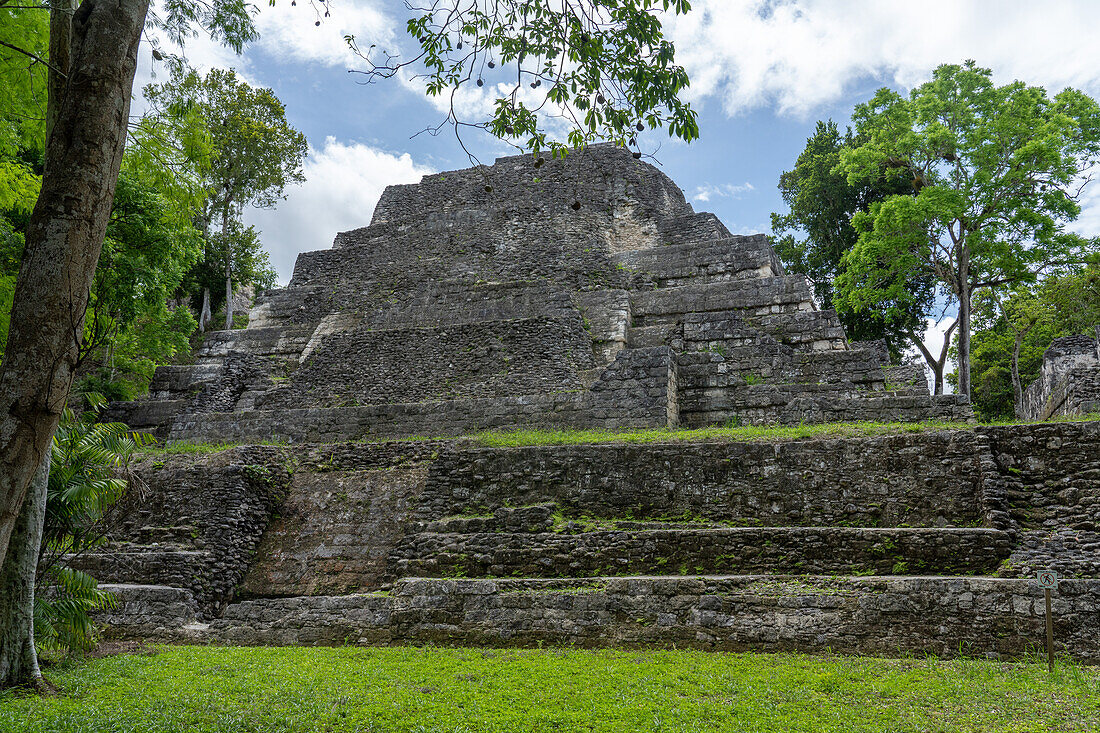 Rückseite der Struktur 144 in der Nord-Akropolis in den Maya-Ruinen im Yaxha-Nakun-Naranjo-Nationalpark, Guatemala. Struktur 144, Rückansicht.