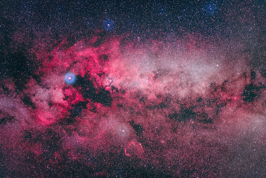 This is a portrait of the constellation of Cygnus the Swan,with the extensive patches of red hydrogen gas that permeate this area of the Milky Way emphasized. The field is oriented along the Milky Way.
