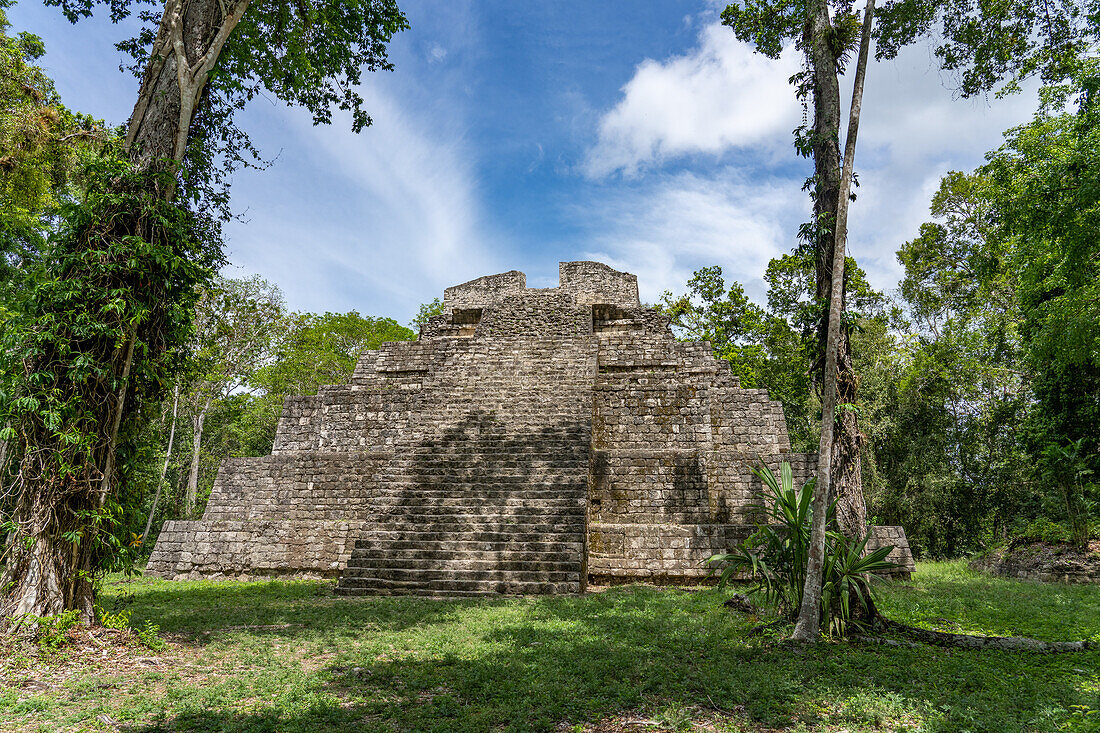 Struktur 1 der Malergruppe oder Plaza of the Shadows in den Maya-Ruinen im Yaxha-Nakun-Naranjo-Nationalpark, Guatemala.