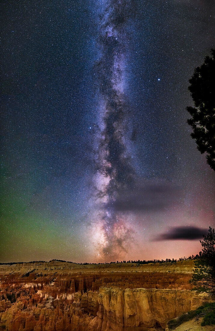 This is the northern hemisphere summer Milky Way from Sagittarius (at bottom) to Cygnus (at top) setting into the southwest over the hoodoo formations of Bryce Canyon National Park Utah.
