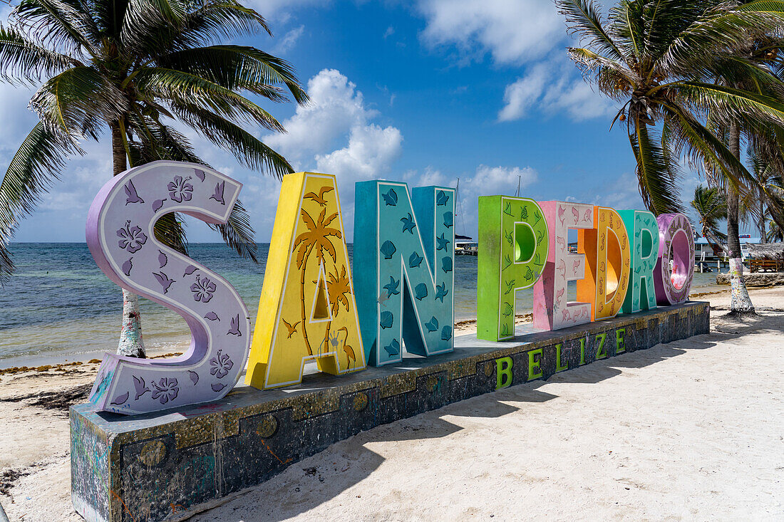 Palmen und ein 3-D gemaltes Schild am Strand von San Pedro auf Ambergris Caye, Belize.