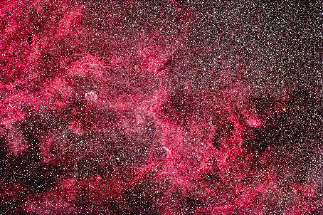 Dies ist das reichhaltige Nebelgebiet im zentralen Cygnus, das links den Halbmondnebel (auch NGC 6888 genannt) und rechts den Tulpennebel (auch Sharpless 2-101 genannt) in der Nähe des Sterns Eta Cygni umfasst.