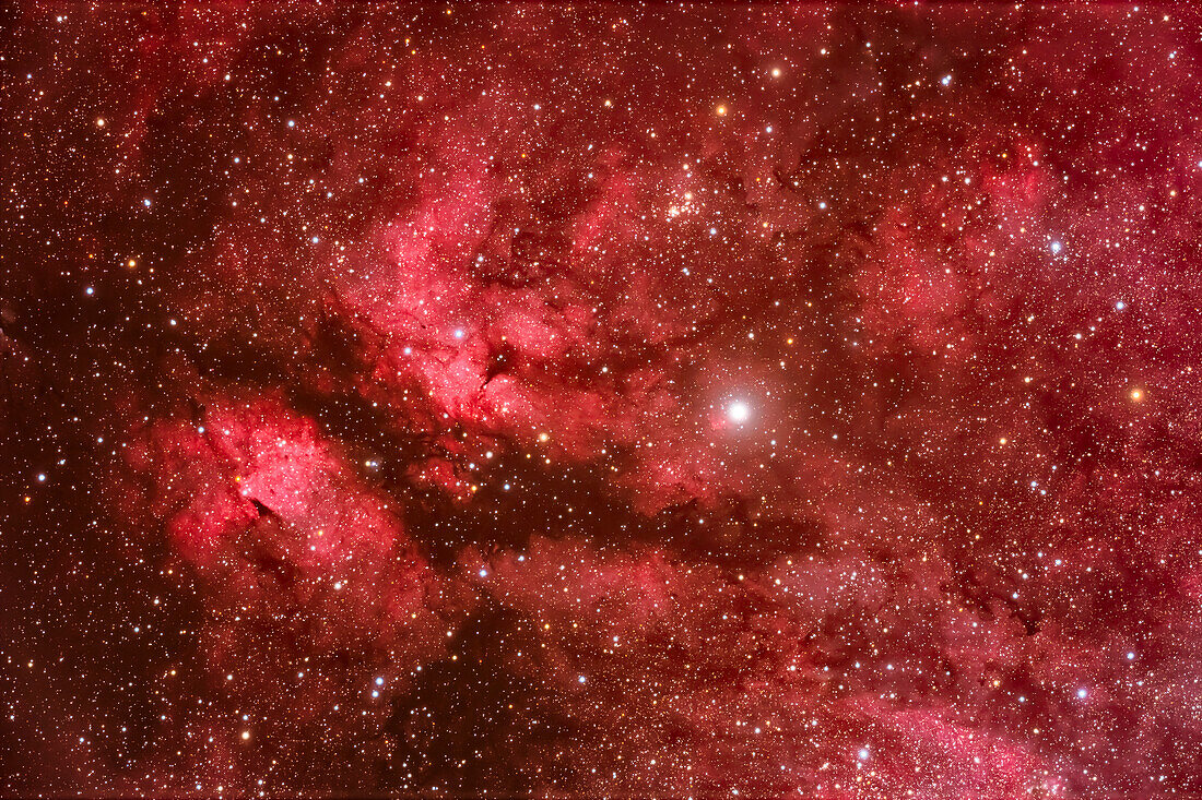 Dies ist der Nebelkomplex um den Stern Gamma Cygni, auch bekannt als Sadr, im zentralen Cygnus, der als IC1318 oder Schmetterlingsnebel bezeichnet wird. Der Sternhaufen NGC 6910 befindet sich in der Mitte oben. Die dunkle Staubspur, die den Nebel durchschneidet, wird als Lynds Dark Nebula 889 katalogisiert.