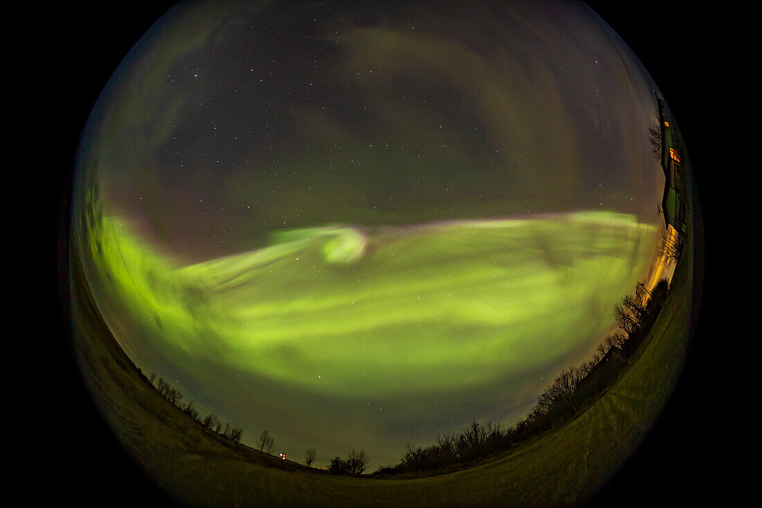 A fish-eye 360° view of the Great April Aurora of April 23,2023,from home in southern Alberta,Canada. The Kp level reached 7 to 8 this day. The Big Dipper is above centre. This is looking south.
