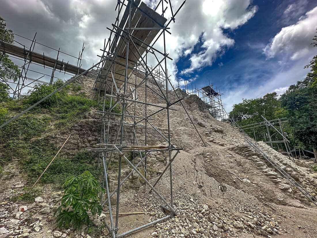 Scaffolding for archeological work on Structure 137 in the North Acropolis in the Mayan ruins in Yaxha-Nakun-Naranjo National Park,Guatemala.