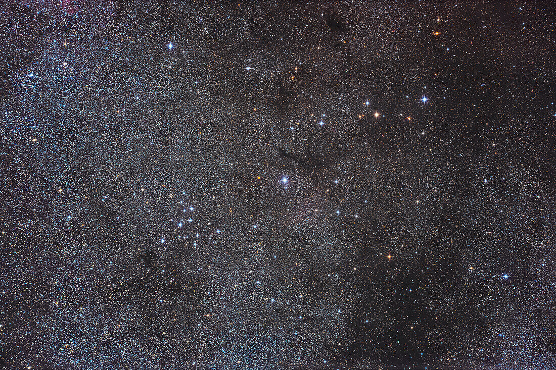 This is the field containing the bright,large,but sparse star cluster Messier 39 in Cygnus,at lower left,amid a rich starfield laced with dark dust. The elongated dark nebula Barnard 363 is at centre. The patch at top os B362.