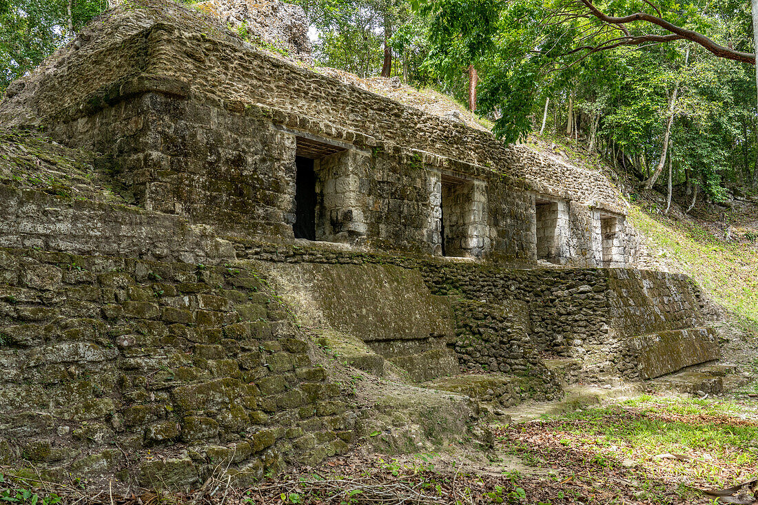Struktur 389, eine Wohnstruktur in der Südakropolis der Maya-Ruinen im Yaxha-Nakun-Naranjo-Nationalpark, Guatemala.