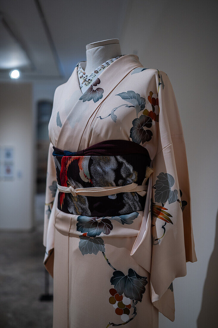 Kimono komon aus der Heisei-Ära mit in Katazome-Technik verzierter Seide. Nagoya obi aus der Showa-Ära.