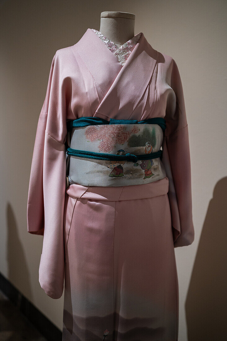 Kimono homongi aus der Showa-Ära mit gefärbter Seide. Fukuro obi aus der Showa-Ära.