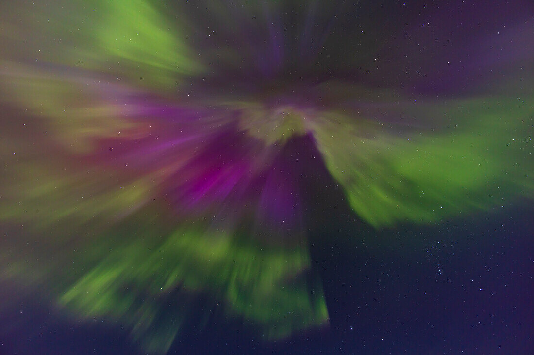 A framing of the converging rays of aurora overhead at the magnetic zenith,a little south of the true zenith at 90° altitude. This was the superb Kp6 to 7 display on March 23,2023,with the aurora mostly in a pulsating mode rather than forming rippling curtains. This was early on in the evening when the sky still had some twilight colours,and with sunlight illuminating the high curtains. Orion is at lower right.