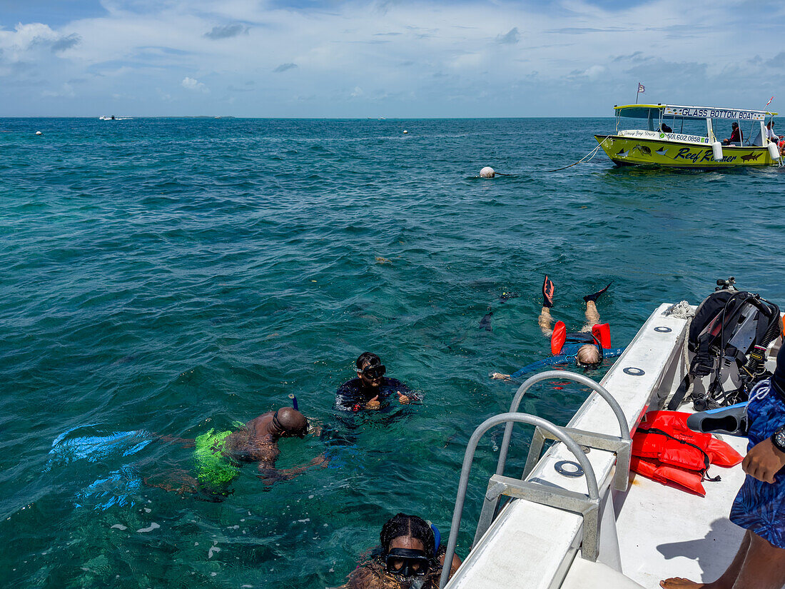 Snorklers in the water in the Hol Chan Marine Reserve on the Belize Barrier Reef near Ambergris Caye,Belize.