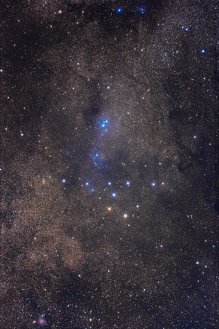 Der treffend benannte Coathanger-Haufen, eigentlich eine Sterngruppe in Vulpecula. Ein echter Sternhaufen, NGC 6802, liegt am linken Ende des Coathanger-Arms. Das Feld enthält einen diffusen blauen Reflexionsnebel, der keine Katalognummer zu haben scheint. Der kleine runde Emissionsnebel am unteren Rand ist Sharpless 2-82. Ein sehr kleiner runder roter Nebel über dem rechten Ende des Coathangerarms ist Sh2-83.