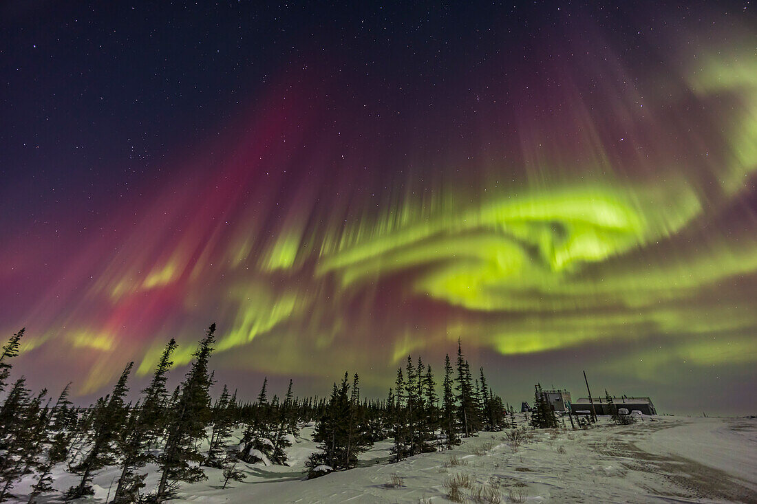 Colourful auroral curtains exhibiting very fine vertical structures and rays,and a mix of red and magenta tones as well as the usual oxygen greens. This is looking southeast over the Churchill Rocket Range on a Kp6 night February 26,2023.