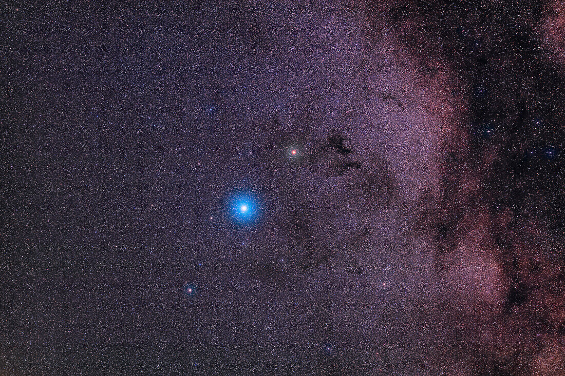 Ein Ausschnitt aus einem weiten Feld in Aquila, mit dem hellen blau-weißen Stern Altair in der Mitte, dem roten Stern Tarazed darüber und dem schwächeren Stern des Trios, Alshain, darunter.
