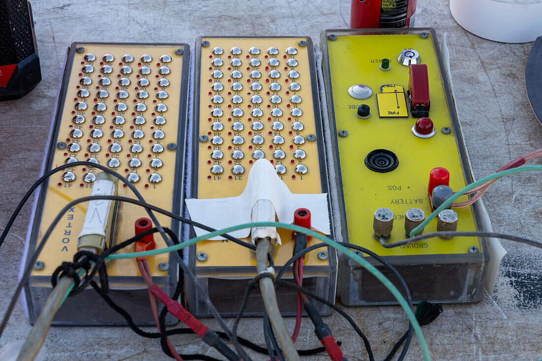 Electrical triggers or controllers for fireworks launchers for a fireworks show in a field in Utah.