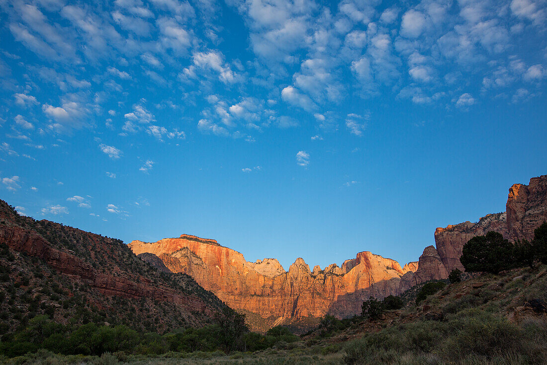 Sonnenaufgang auf den Towers of the VIrgin im Zion National Park im Südwesten Utahs. L-R: der Westtempel, die Sonnenuhr, der Hexenkopf und der Opferaltar.