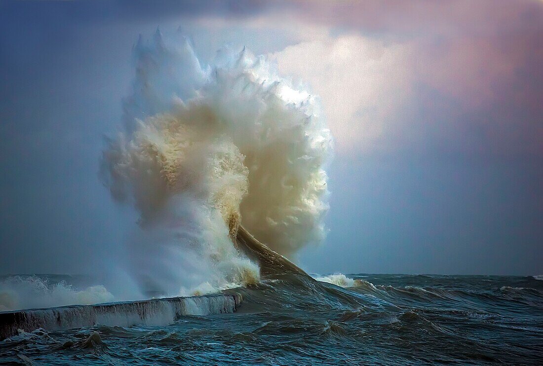 France, Morbihan, Ploemeur, Port de Lomener, wave on the dike during a storm