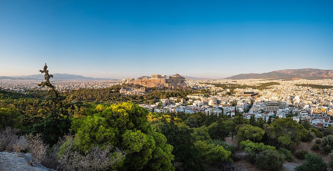 Greece, Athens, Acropolis of Athens, a UNESCO World Heritage Site, seen from the Hill of the Muses or Philopappos Hill