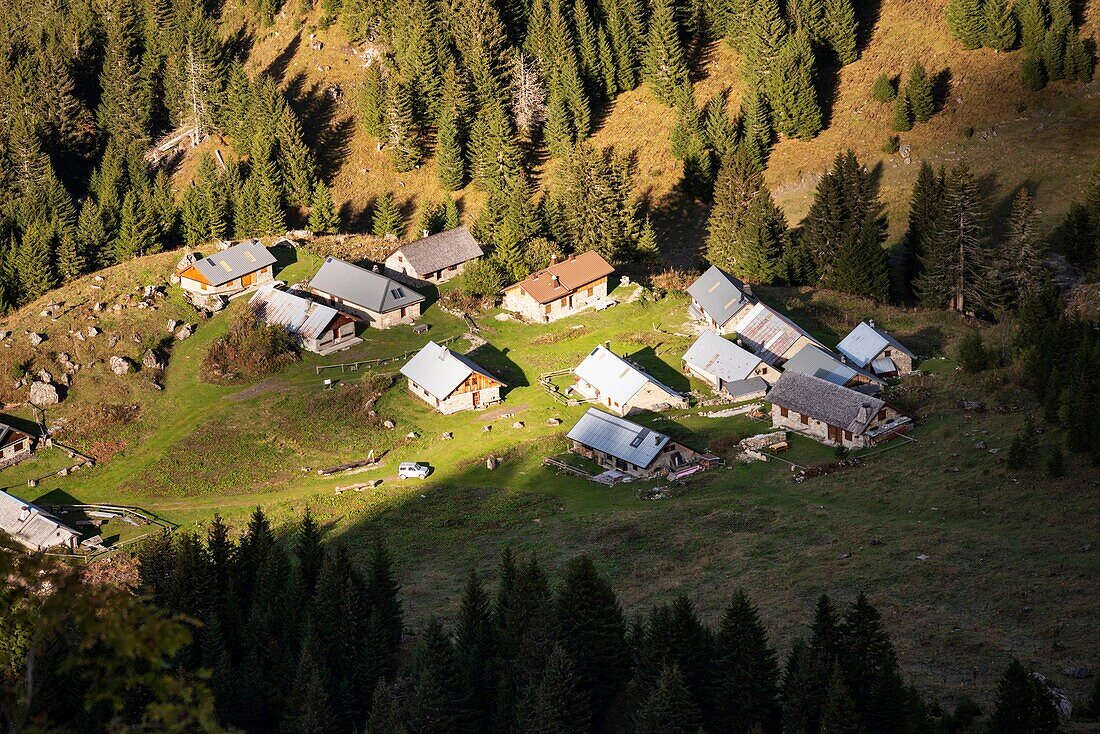 France, Haute Savoie, valley of Abondance, La Chapelle d'Abondance, hunting reserve of the Mont de Grange, chalets of Pertuis