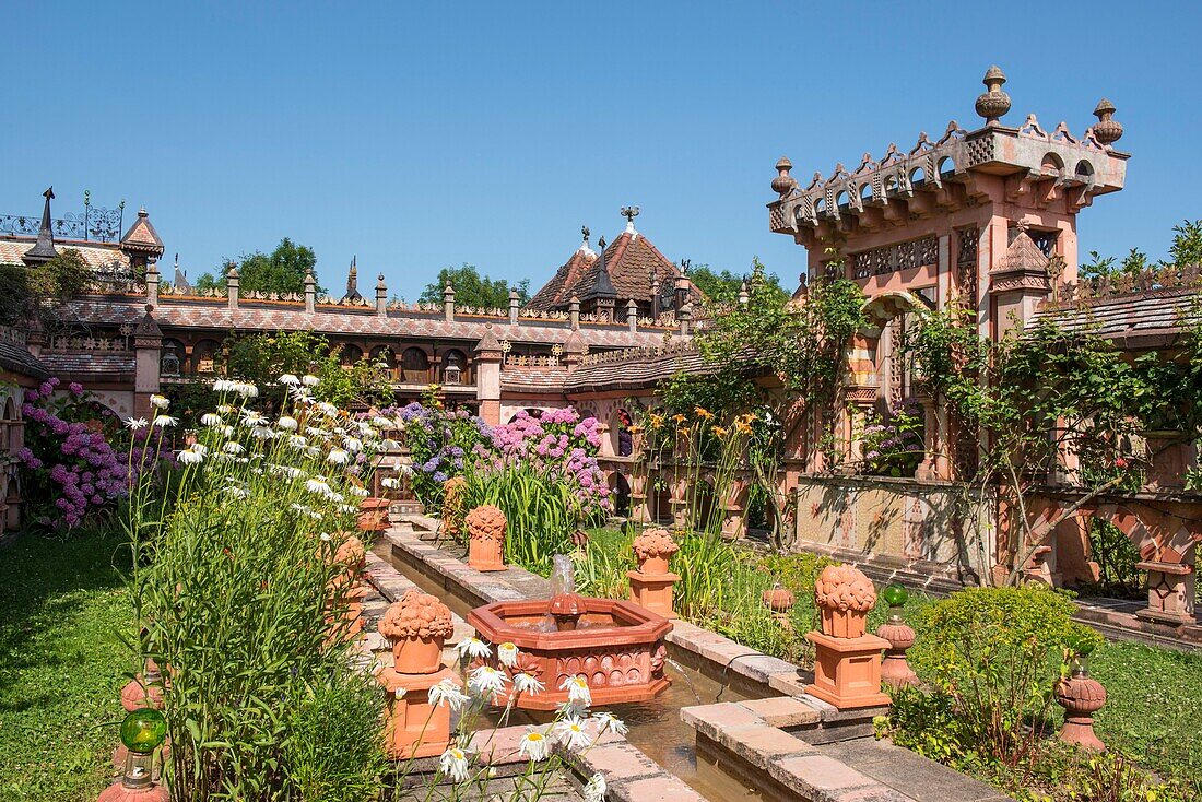 France, Haute Savoie, Rumilly, Vaulx, secret gardens, remarkable garden label, canal and fountains in mortar mold and lime carving in the Andalusian garden, overview