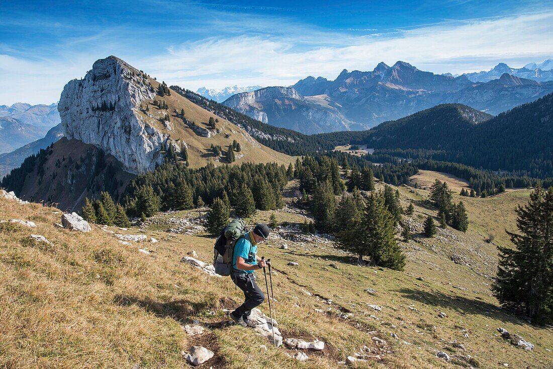 France, Haute Savoie, Bornes massif, Glieres, itinerant trek day 4, climb to Sous Dine (2000m) view on Roche Parnal and Col de l'Ebat