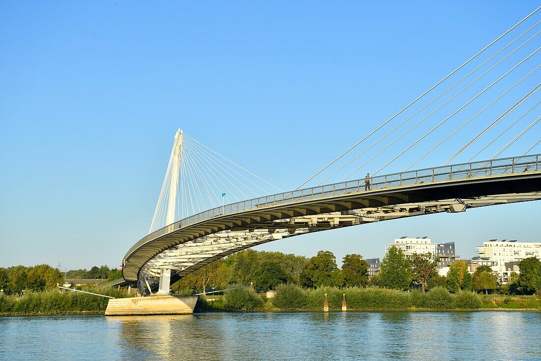 France, Bas Rhin, between Strasbourg and Kehl in Germany, the garden of Two Rivers, the Rhine, the Mimram bridge connecting the two parts of the garden