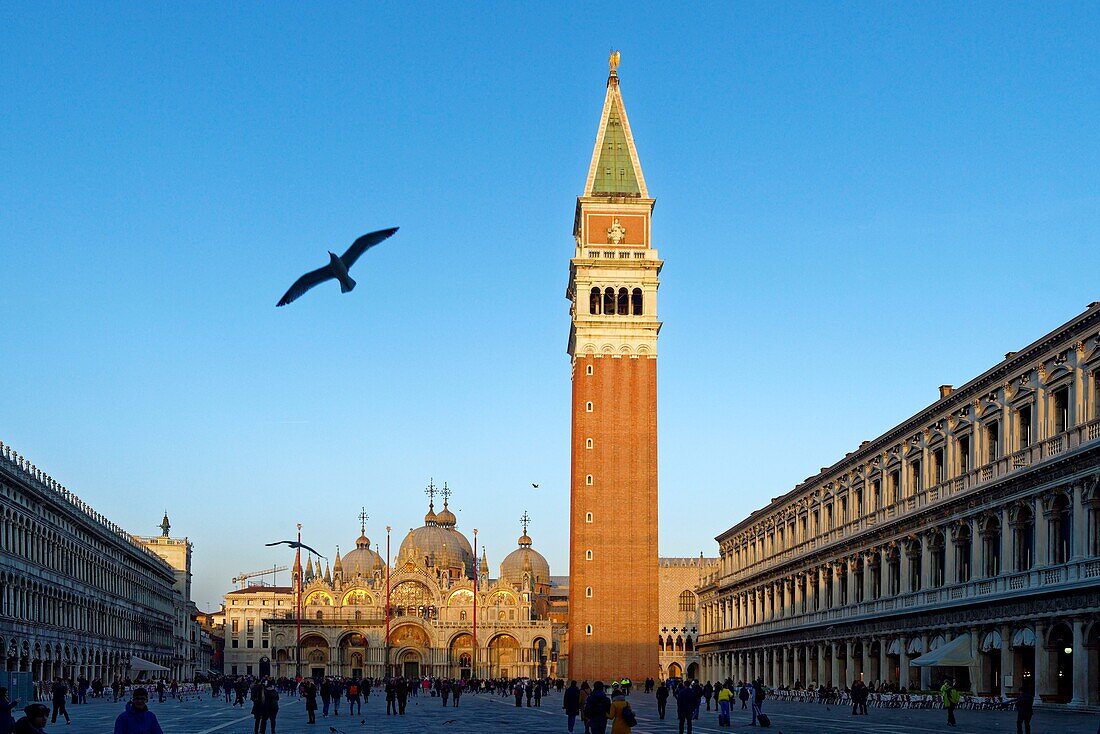 Italien, Venetien, Venedig, Weltkulturerbe der UNESCO, Markusplatz, Glockenturm und Markusbasilika (Basilica di San Marco)