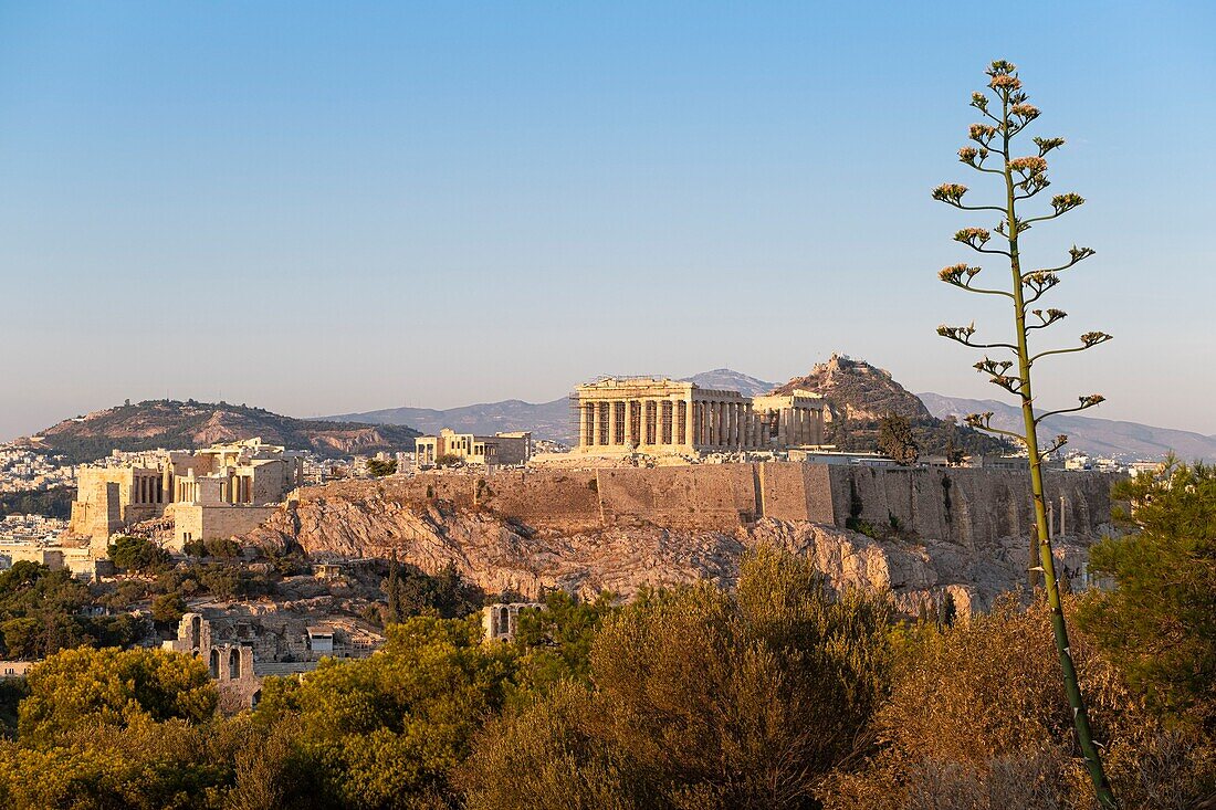 Griechenland, Athen, Akropolis von Athen, UNESCO-Weltkulturerbe, vom Musenhügel oder Philopappos-Hügel aus gesehen