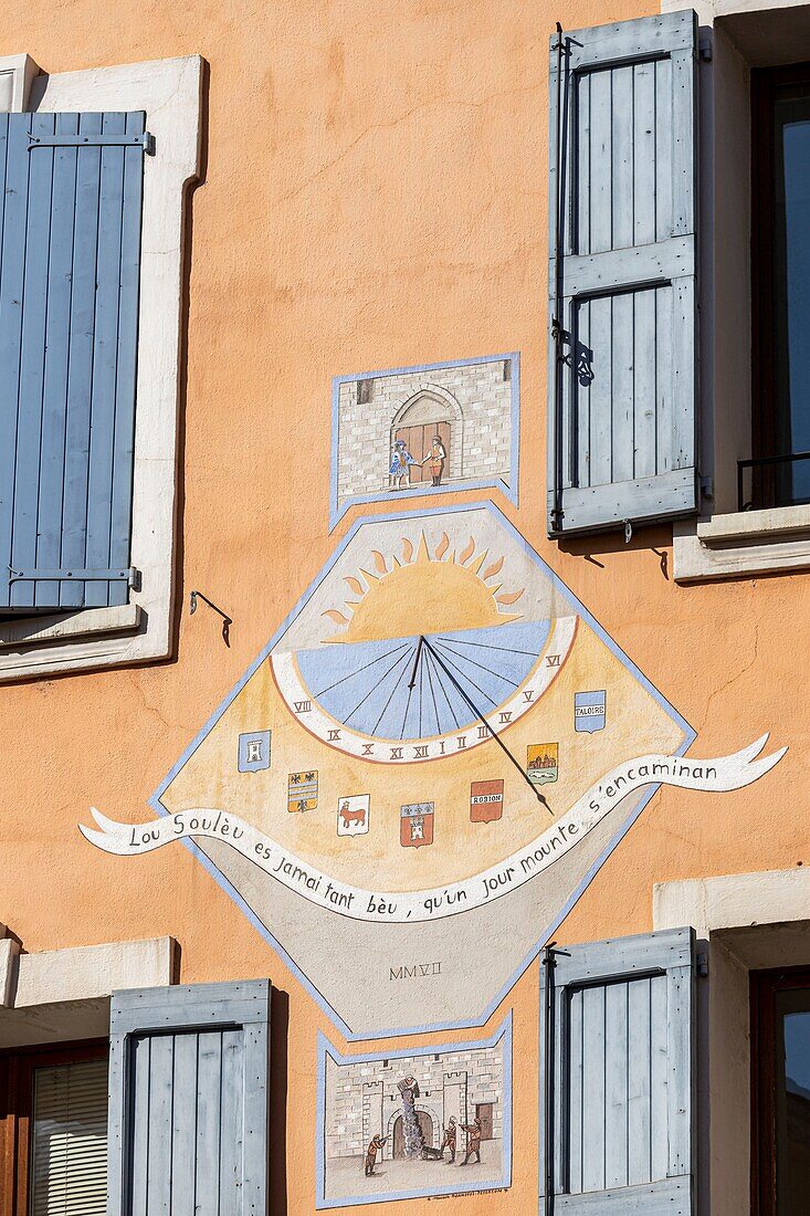 France, Alpes-de-Haute-Provence, Verdon Regional Nature Park, Castellane, sundial painted on a house facade