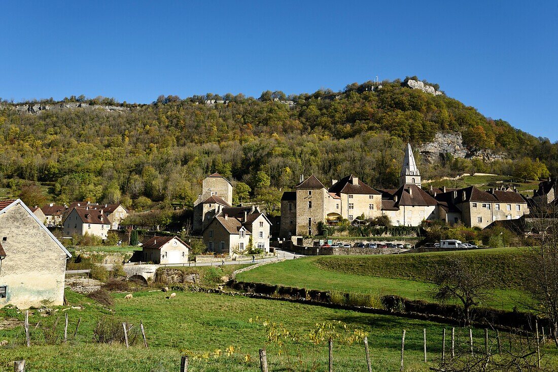 France, Jura, Reculee de Baume, Baume les Messieurs, labelled Les Plus Beaux Villages de France (The Most Beautiful Villages of France), village, abbey