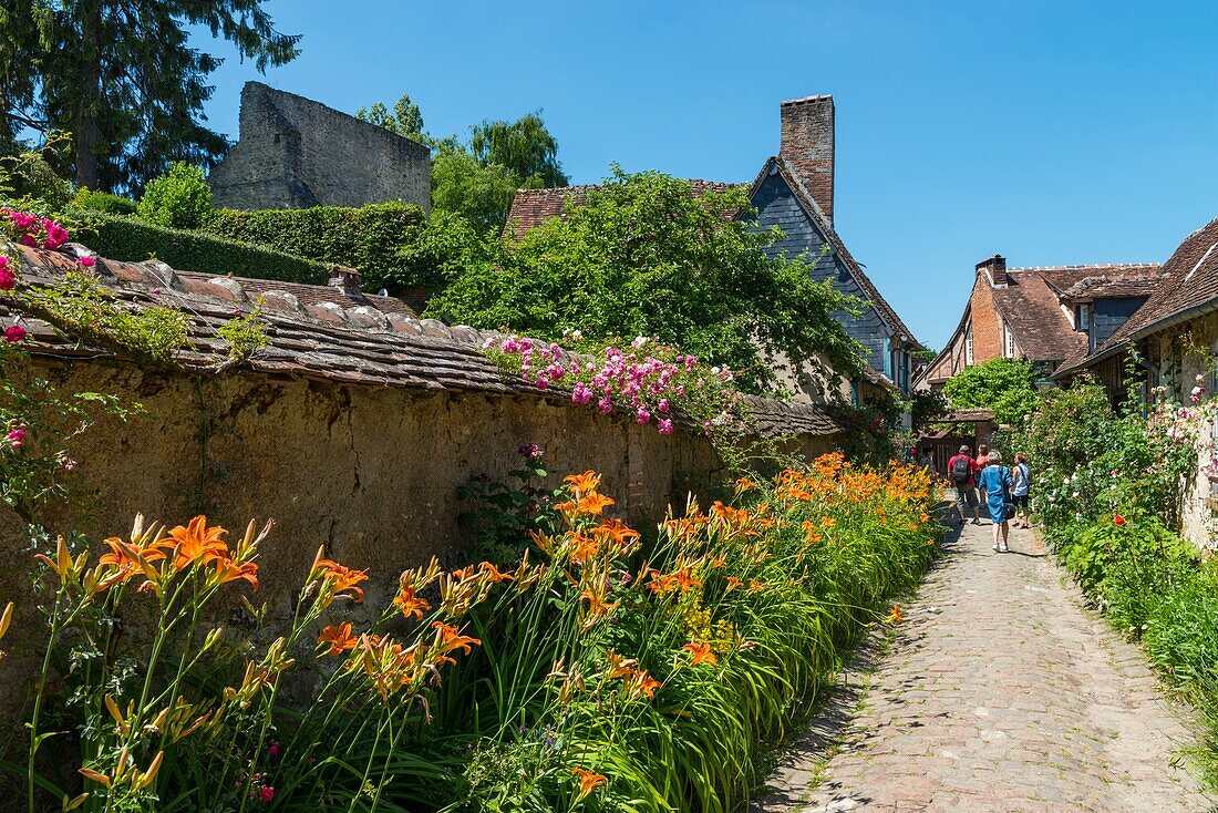 France, Oise, Gerberoy, ranked Most Beautiful Villages of France, its houses of the seventeenth and eighteenth centuries, made of wood and cob or brick and flint, Gerberoy make a unique place to walk in spring and summer, the climbing roses on the facades transform the town into a real rose garden