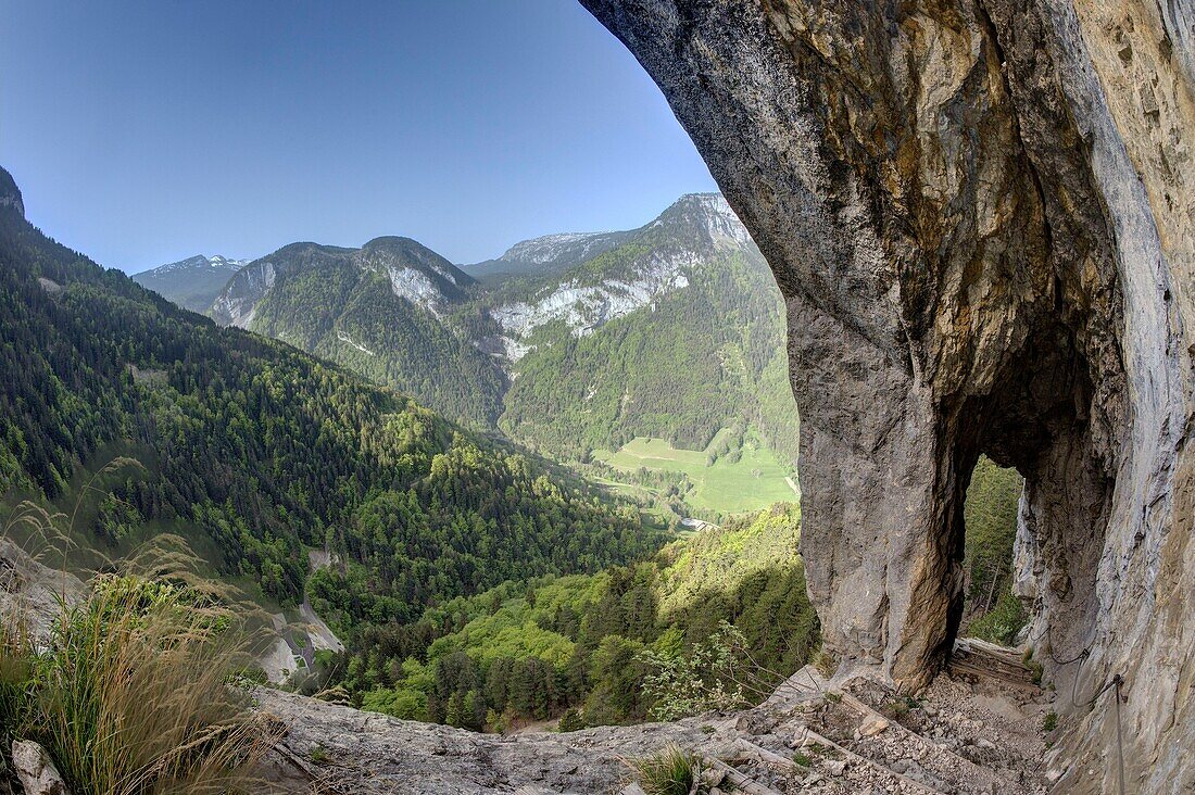 Frankreich, Haute Savoie, Bornes-Massiv, Glieres, Wandertag 4, passage du pas du roc, steile Treppe im Felsen