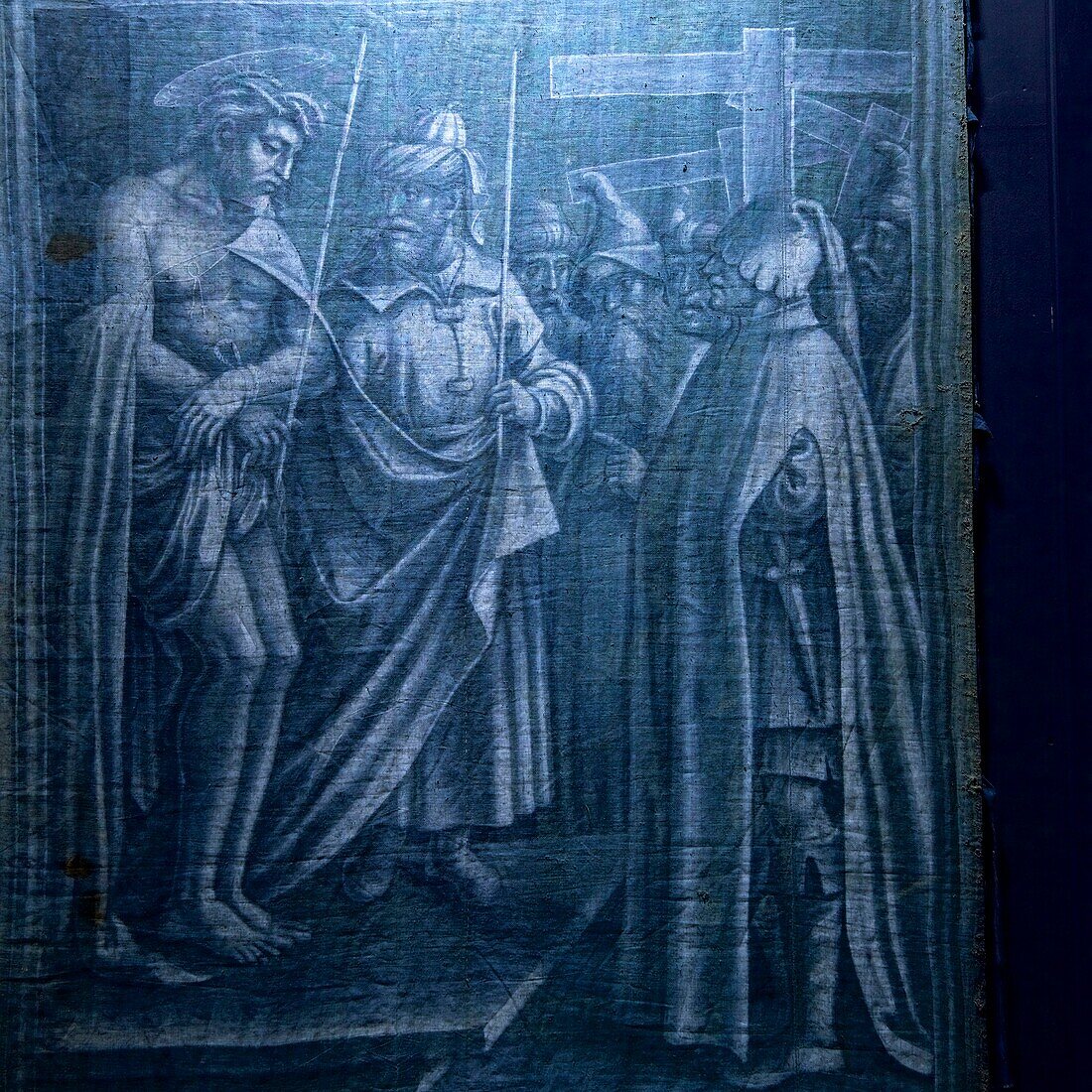 Italien, Ligurien, Genua, Museo Diocesano (Diözesanmuseum) im Kreuzgang der Kanoniker, Blau von Genua, Sammlung Teli della Passione, Genueser Maler haben 1538 die Passion Jesu auf indigoblau gefärbtem Leinenstoff gemalt und gelten als die Vorläufer der modernen Jeans, Ecce Homo (1538-1540)