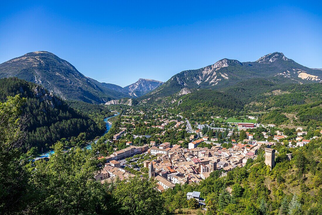 France, Alpes-de-Haute-Provence, Verdon Regional Nature Park, Castellane, panorama from the summit of the Roc on the Verdon valley and the city