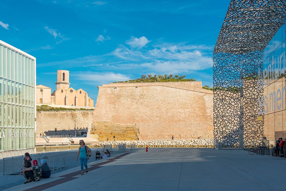 France, Bouche du Rhone, Marseille, between history and modernity the Mucem esplanade and Fort Saint Jean tower